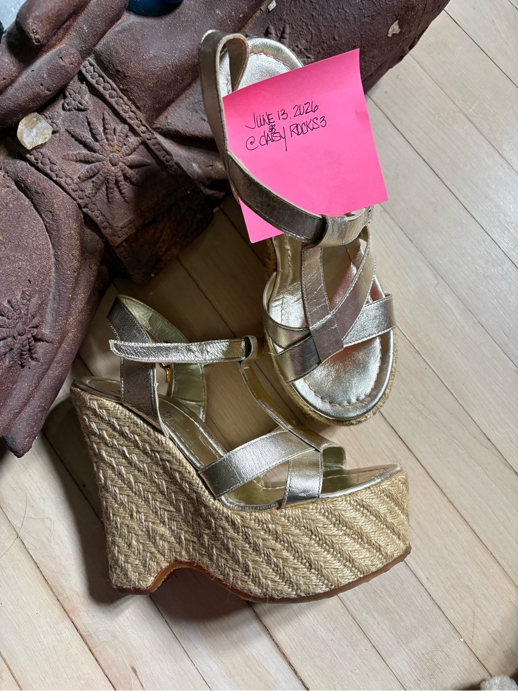 Vintage Browns Id Metallic Gold Leather T-Strap Espadrille Wedge Sandals Size 7